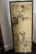 An early 20th century Chinese canvas print of a man riding an ox, print contains several seal