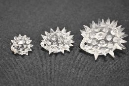 A set of three modern Swarovski silver crystal glass studies of Hedgehogs