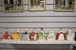 Eight modern Royal Doulton figurines of ladies in dress including Sara, Cheryl, Lidsay, Susan,