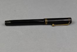 A Parker Duofold Junior in black chaised with two narrow bands to cap having Parker N nib. Approx