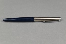 A Parker 45 Classic fountain pen in blue with steel cap. Approx 13.8cm