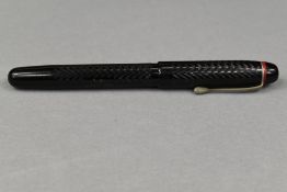 An Esterbrook Relief No1 leverfill fountain pen in black chaised pattern and red band above clip