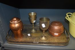 A selection of metal wares including gallery tray and copper canisters
