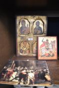 Two modern replica Byzantine religious icons and two mats
