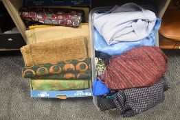 A box of good quality upholstery fabrics and a a box of retro dresses.
