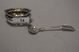 A HM silver table salt container with similar spoon