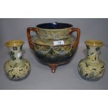 Three pieces of Doulton Lambeth including a pair of Annie Horton, Imogen Durtnall squat vase, and