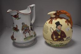 A Victorian Staffordshire Elsmore & Forster puzzle jug with a Crown Devon John Peel musical jug