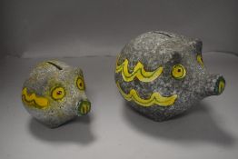 Two mid century Spanish style ceramic piggy banks with yellow and green glaze, smaller example AF