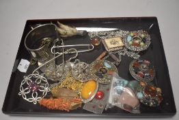 A selection of modern costume jewellery including agate brooches and bangles