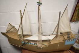 A wooden hand built model Sail Boat, pirate ship style with crows nest and rigging, length 120cm,