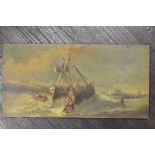 (19th century), an oil painting on board, coastal storm ships in distress, 18 x 36cm