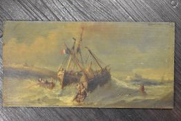 (19th century), an oil painting on board, coastal storm ships in distress, 18 x 36cm