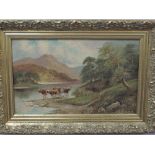 R Davis. (19th/20th century), an oil painting, Highland cattle Loch Leven, signed and attributed