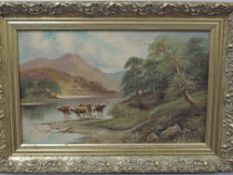 R Davis. (19th/20th century), an oil painting, Highland cattle Loch Leven, signed and attributed