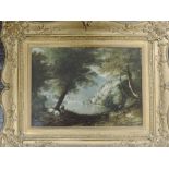 (19th century), an oil painting, lake mountains and woodland, 26 x 35cm, heavy plaster frame, 44 x