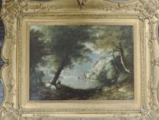(19th century), an oil painting, lake mountains and woodland, 26 x 35cm, heavy plaster frame, 44 x