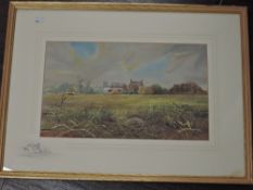 Tomey, (20th century), a mixed media painting, farmstead, indistinctly signed, 23 x 38cm, mounted