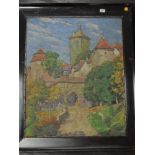 R Beck, (20th century), an oil painting, Continental townscape, indistinctly signed, 53 x 44cm,