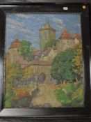 R Beck, (20th century), an oil painting, Continental townscape, indistinctly signed, 53 x 44cm,