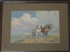 E Hunter, (20th century), a watercolour, plough horses, signed, 19 x 27cm, mounted framed and