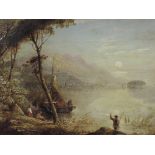 (19th century), an oil painting on board, lakeside landscape, 19 x 25cm, gilt plaster framed, 30 x