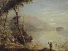 (19th century), an oil painting on board, lakeside landscape, 19 x 25cm, gilt plaster framed, 30 x