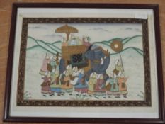 (20th century), a multi media painting, Indian elephant narrative, 27 x 35cm, framed and glazed,