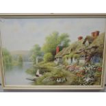 R Thornton, (20th century), a watercolour, thatched chocolate box cottage, signed, 37 x 52cm, framed