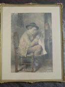 (19th/20th century), style of William Henry Hunt, a re-print, boy reading, 40 x 28cm, gilt plaster
