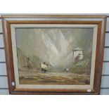 Jack R Mould, (1925-1998), an oil painting, harbour scene, signed, 39 x 49cm, mahogany and aluminium