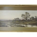 D Sherrin, (1868-1941), a watercolour, village and stream, signed, 30 x 68cm, gilt plaster framed