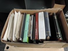 A box of World Stamp Albums and on sheets, mainly used