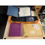 A box of Royalty Stamps, in albums and loose along with a Locomotive Philatelic Album