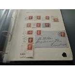 A collection in album of Penny Reds on piece showing cancellations also on covers, along with pre