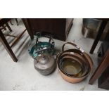A selection of copper and brass ware etc including jam pans, kettle and skillet