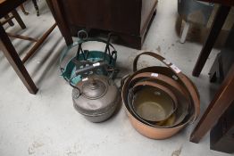 A selection of copper and brass ware etc including jam pans, kettle and skillet