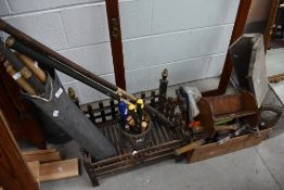 A selection of miscellaneous including cast fire grate , tools and sporting goods