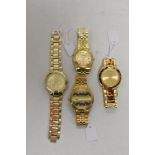 Four mens watches with gold tone faces, including sekonda.