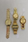 Four mens watches with gold tone faces, including sekonda.