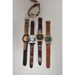 Five mens watches having brown straps, including one Geneva.