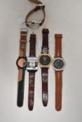 Five mens watches having brown straps, including one Geneva.