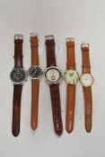 Five mens watches all having brown straps, including Rotary.