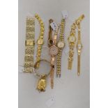 Nine ladies watches, having gold tone straps.