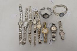 Ten ladies silver tone watches, one having black face, two with pink.