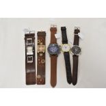 Five mens watches all having brown straps, including Oasis and Ravel.