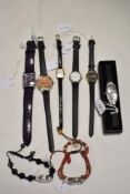 Ten ladies silver tone watches, one being a bracelet with coloured gems, also included are Sekonda