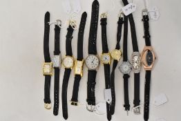 Ten ladies/girls fashion watches, all with black straps.