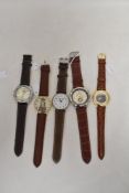 Five mens watches all having brown straps, including Mercier.