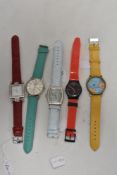 Five mens mixed watches, various styles and colours.